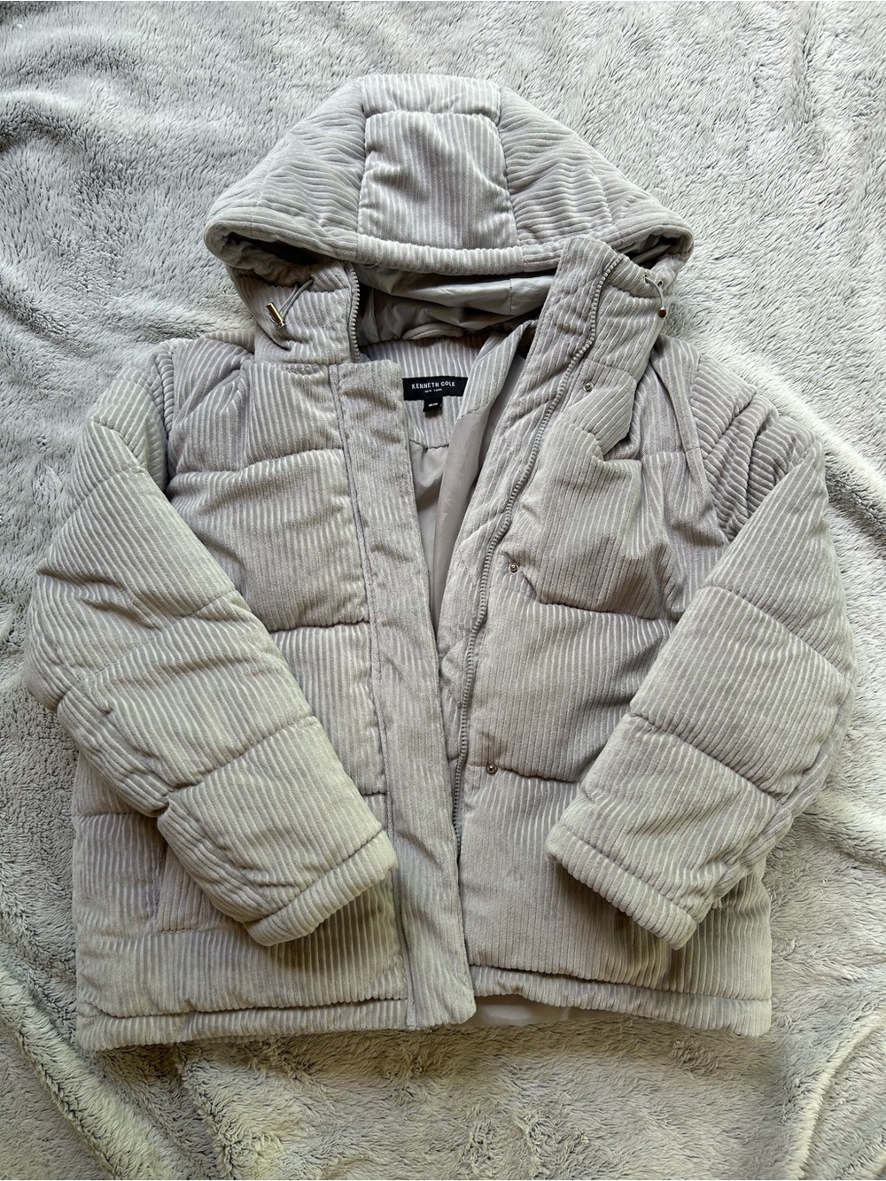 Kenneth Cole Light Gray Corduroy Puffer Jacket with Hood